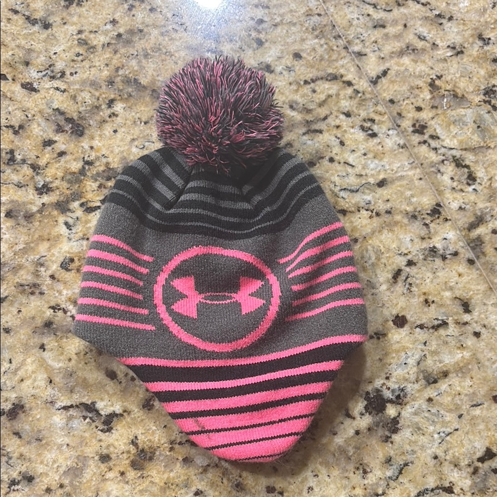 Under Armour Pink and Gray Beanie with Pom-Pom